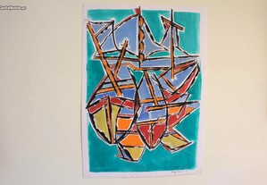 Pintura Bjarni Ragnar Técnica Mista sobre papel "Barcos" Assinada 1991 50 x 70cm