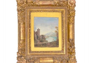 Pintura lago italiano Barroco século XVIII