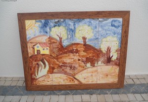 Painel de 12 azulejos com armação em madeira