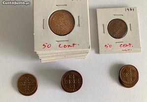 Lote de 178 moedas de Portugal, 50 centavos, bronze (de 1969 a 1979)