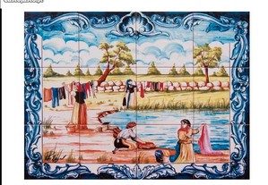 Quadro Gravura de Mulheres Lavadeiras Azulejos Tradicionais Painel Típico