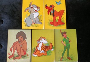 5 Postais antigos Disney do Tambor, Pluto, Mogli, Tigre, Peter Pan