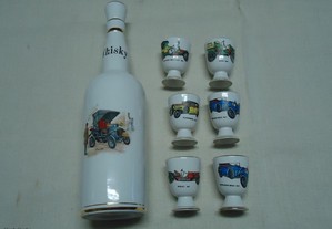Conjunto antigo de garrafa e 6 copos Whisky de porcelana Elpa-Alcobaça