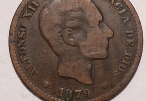 Moeda de cinco centimos 1879 Espanha circulada