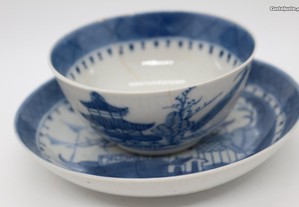 Taça e Prato Porcelana Chinesa Cantão Pagodes XIX