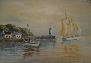 Pintura de A. Amadeu Original Acrílico s/tela Paisagem Marítima com Farol