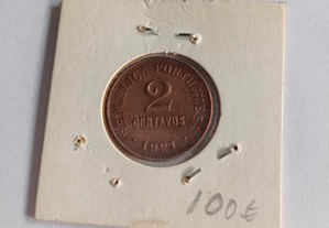 2 centavos de 1921 em COBRE da 1ª República Rara no estado de MBC+