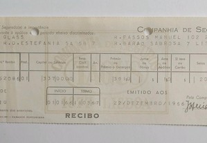 Antigo recibo da Companhia de Seguros " TAGUS " do RAMO INCÊNDIO referente ao ano de 1966
