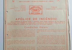 Antiga Apólice da Companhia de Seguros " Tagus " do " Ramo Incêndio" e referente ao ano de 1964