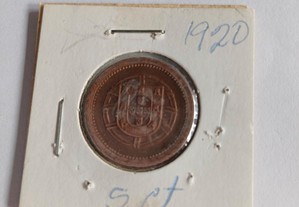 5 centavos de 1920 em COBRE da 1ª República Rara no estado de MBC+