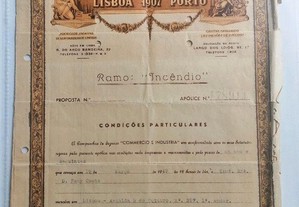 Antiga Apólice Companhia seguros Commercio e Indústria Lisboa e Porto " Ramo Incêndio" do ano 1949