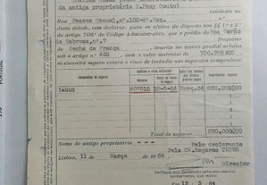 Antigo impresso Companhia de Seguros " Tagus"  para pagamento Imposto serviço Incêndio à CM Lisboa