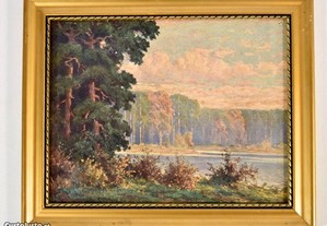 Antigo quadro pintura a óleo s/ madeira ass W. Hoy paisagem 1900s