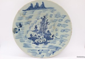 RARO Prato Porcelana Chinesa Celadon pintura Azul XIX