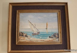 Pintura de M. Barbosa Óleo sobre Madeira "Barcos na Praia