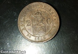 Moedas de 2 centimos 1913 de Espanha em Cobre
