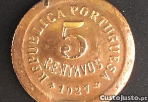Moeda de 5 centavos bronze - Portugal - 1927
