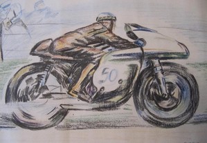 Desenho a lápis de mota, piloto, desporto_ÚNICO