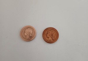 5 centavos de 1925 2 moedas em COBRE da 1ª República Rara no estado de MBC+