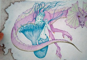 Desenho de sereia a lápis de cor, ilustração de sereia e dragão marinho