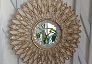 Espelho de parede dourado, circular de design moderno com lágrimas decorativas