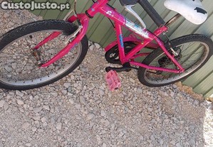 Bicicleta crianca, cor de rosa, roda vinte, pronta a pedalar.