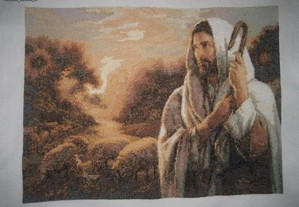 Quadro de Cristo com as ovelhas em ponto cruz