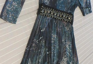Vestido Azul estampado, com aplicações cinta, 100% Algodão - Tamanho S/M - Made in Italy