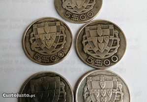 5 moedas prata de 5 escudos caravelas
