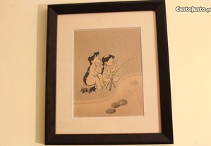 Pintura Oriental Original técnica mista sobre papel de arroz Meninos Pesca Marcado