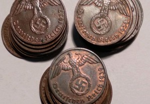 Moedas de 1 Reichspfennig 1937/38/39 c/ suástica nazi Alemanha