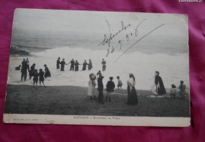 Espinho. Banhistas na praia. 1908. Postal da Emílio Biel