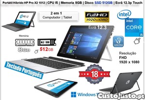 Portátil Híbrido 2 em 1 Elite HP X2 612 G2 | CPU INTEL i5 | Mem 8GB | Disco SSD 512GB | Ecrã 12.3p Touch FHD | Win 11