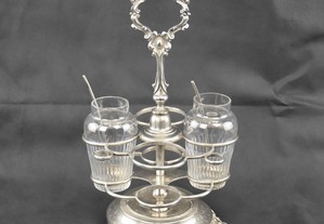 Galheteiro rotativo em prata Porto Coroa, 2 recipientes em vidro e duas colheres em prata