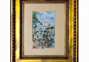 Pintura aguarela romaria igreja Alfredo Morais