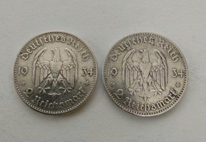 Moedas de 2 Reichsmark 1934 em Prata com suástica nazi