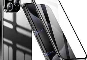 Capa proteção iPhone 15 Pro em metal e vidro temperado, com dupla face, magnética, em preto