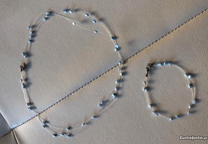 Conjunto colar e pulseira com pedras azuis