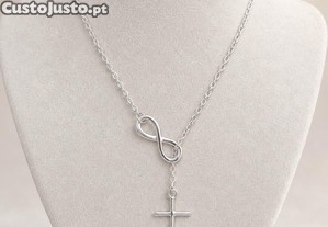 Colar prateado infinito e cruz 50 cm + extensor