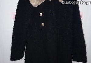 Sobretudo preto vintage   gola de pelo castanho   M/L