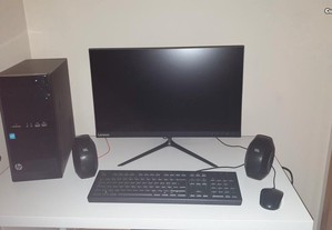 Computador desktop HP completo, rato, teclado, monitor LeNovo 23.8", 2 colunas JBL e microfone