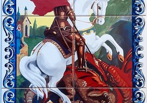 Painel de Azulejos SÃO JORGE Quadro 45 cm x 30cm Imagem espada e dragão