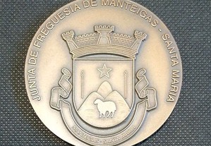 Medalha medalhão em metal com o brasão de Manteigas . Santa Maria