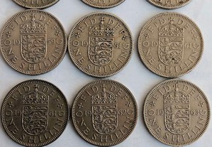 11 moedas de one shilling, com escudo Inglês
