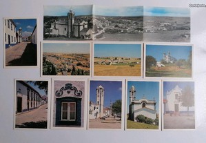 Conjunto de 9 postais antigos (10,5x15 cm) da vila de Messejana, 9 postais + 1 postal panorâmico