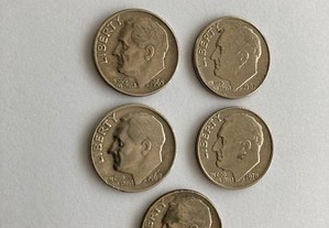 Dime (10 cents) ou 10 cêntimos - 1965 a 1998 P (19 moedas dos EUA)