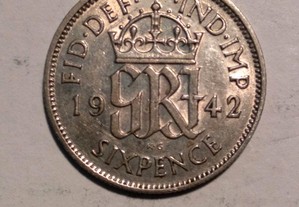 Moeda de 6 Pence 1942 em Prata  Inglaterra