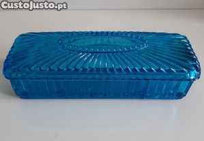 Retro Vintage Antigo Guarda Jóias Caixa c/ Tampa Vidro Azul Cobalto