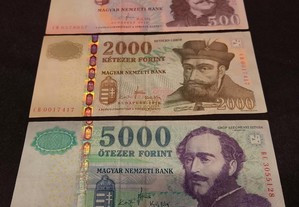 3 notas de hungria 500 , 2000 e 5000 forint