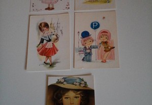Conjunto de 5 postais antigos, com bonecos